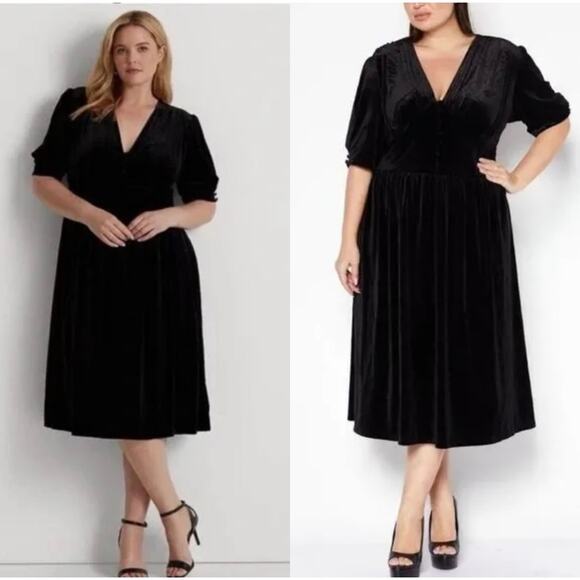Lauren Ralph Lauren Plus Size Velvet Puff Sleeve Midi Dress In Black Size 3X New - Picture 1 of 15